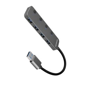 Axagon AXAGON HUE-MSA, 4x USB 3.rozbočovač 2 Gen 1 SWITCH, kovový, napájanie micro USB. konektor, kábel USB-A 20 cm